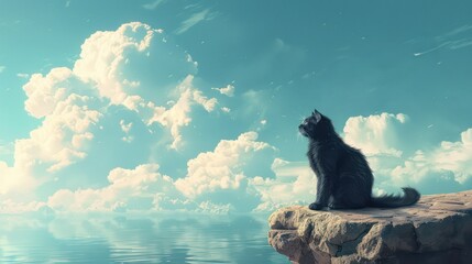 A serene black cat gazes at the sky above a tranquil water surface, surrounded by fluffy clouds.