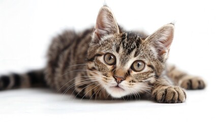 Obraz premium Playful Cat in Joyful Isolation, an endearing feline with a cheerful expression, immersed in play against a clean white backdrop, inviting ample space for creativity and text integration.