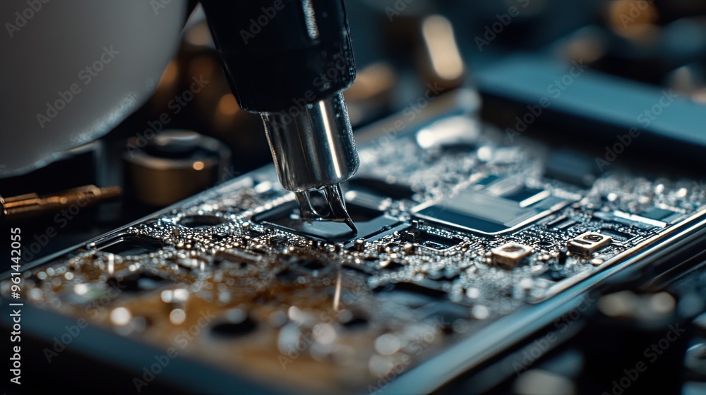 Poster close-up of a circuit board being worked on, showcasing electronic components and tools.