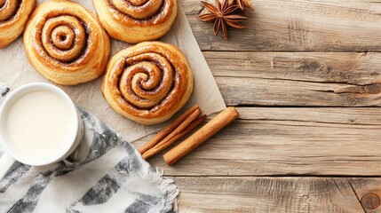 Delicious Cinnamon Rolls with Milk on Rustic Wooden Background