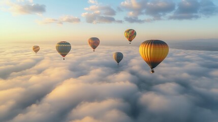 Obraz premium Witness the enchanting world of hot air ballooning through captivating images that showcase the awe-inspiring beauty of this aerial dance. Experience the tranquility of floating above the clouds