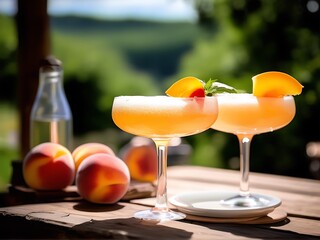 refreshing sparkling peach bellini garnished with peach slices