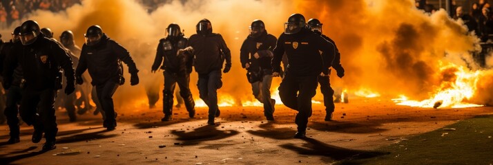 Police officers engaged in riot control amidst flames and public unrest in the background