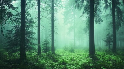 Obraz premium Misty Forest Path with Tall Pine Trees and Lush Green Ferns