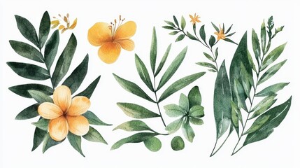 Watercolor Floral Arrangement with Yellow Flowers and Green Leaves