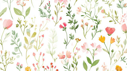 Watercolor floral pattern, cottagecore aesthetic, pastel colors, white background, greenery and pink flowers, small flowers, wildflowers, herbs and leaves