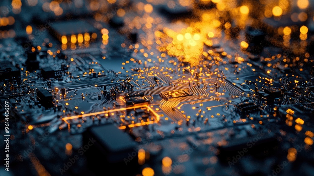 Aufkleber close-up of a circuit board with glowing components and intricate pathways.