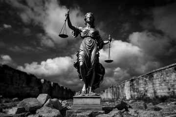 a broken statue of Justice, with reform symbolically emerging from the ruins of punishment, capturing a poignant and reflective moment.