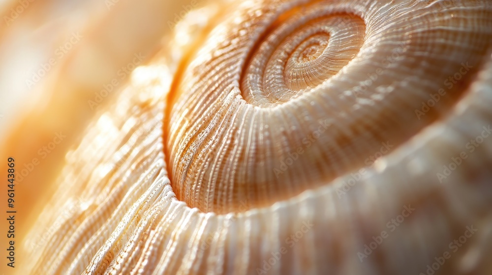 Poster close-up of a spiral seashell showcasing intricate patterns and textures.
