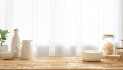 Food cooking background with various kitchen equipment and food ingredients on table over curtained window