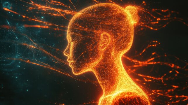 Abstract man illuminated by fornicating orange lines