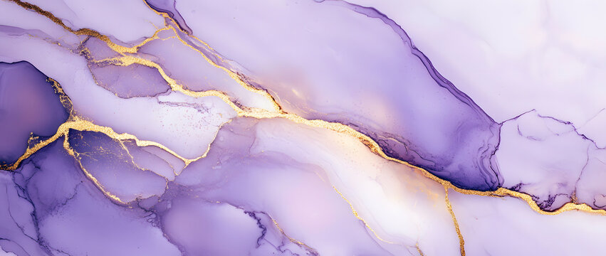 White, Soft purple, and luxury dark purple accent marble texture with gold veins, alcohol ink background, luxury wallpaper, elegant design for interior decoration, wall mural or poster print, close-up