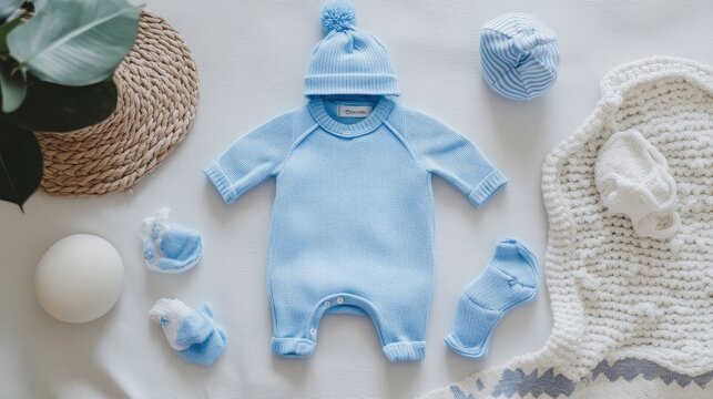 A flat lay of baby boyas clothing, including a blue romper, socks, and a tiny hat, styled on a baby blanket.