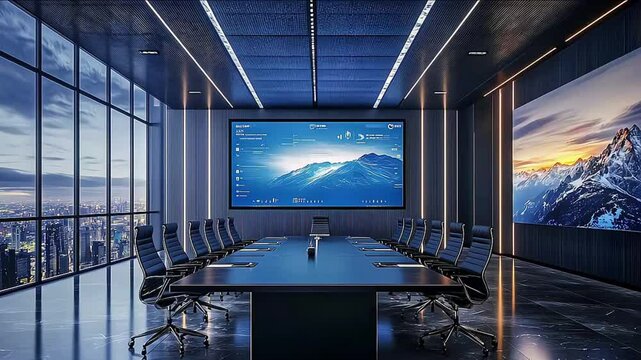 A high-tech conference room with a smart board, interactive displays on the walls, and a pol