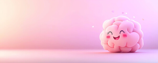 Obraz premium A cute pink brain character smiles in a whimsical, colorful setting, evoking joy and creativity with a playful atmosphere.