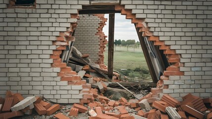 A destroyed brick wall cut out from a building with debris and broken bricks scattered around. The...