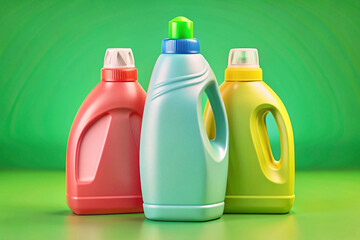 Plastic various bottles for detergents on green background