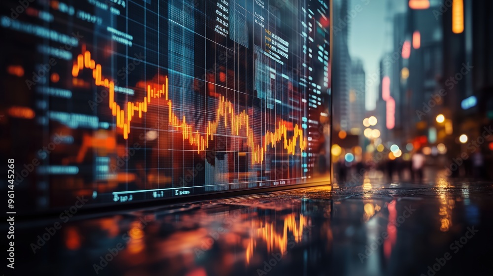 Poster close-up of stock market data on a digital screen. close-up view of glowing stock market data on a d
