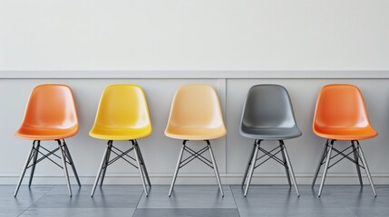 Obraz premium Four chairs in office hallway, with space for personalized text