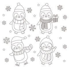 Vector kawaii coloring outline Christmas penguin characters. Coloring page book for kids. Color the contour Xmas character.