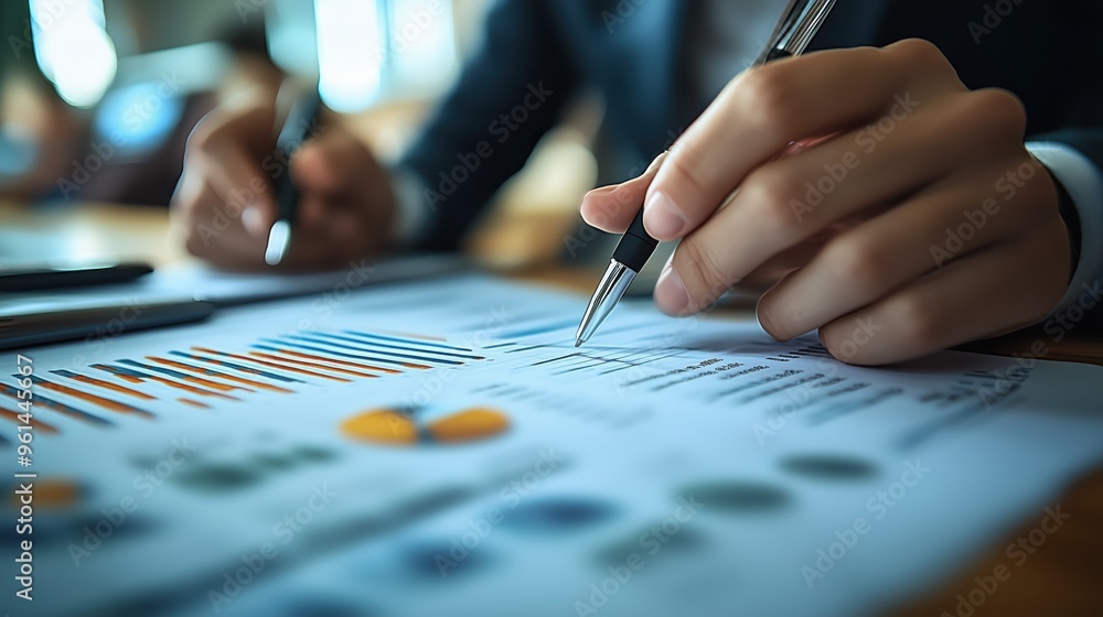 Poster close-up of financial data analysis on paper. close-up view of a business professional analyzing fin