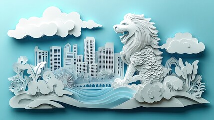 28. A 3D paper cut depiction of the Merlion statue in Singapore, with the iconic lion-fish hybrid design and city skyline, set against a solid sky background