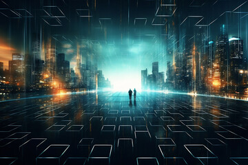Fototapeta premium Futuristic Urban Horizon with Figures