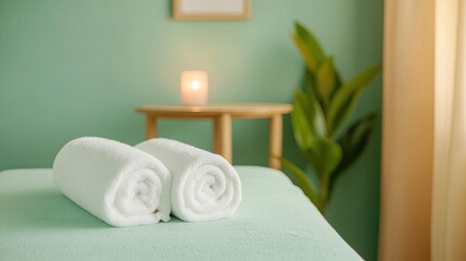 Relaxing spa setup with rolled towels and a calming green backdrop, perfect for wellness and self-care promotions.