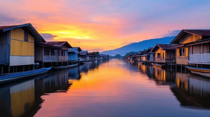 Fototapeta premium Scenic view of a tranquil river at sunset, featuring colorful houses along the water and mountains in the background.
