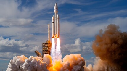 A missile rocket launch with fire and smoke trail. The rocket is launching from a launch pad and is emitting a bright fire and smoke trail. The background contains clouds and trees.