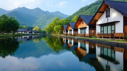 Naklejka premium Serene lakeside view featuring modern houses surrounded by lush mountains, reflecting tranquility and nature's beauty.