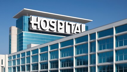 Modern Hospital Building Exterior with Clear Sky - Contemporary Healthcare Architecture, Glass Windows, and Reflective Surface