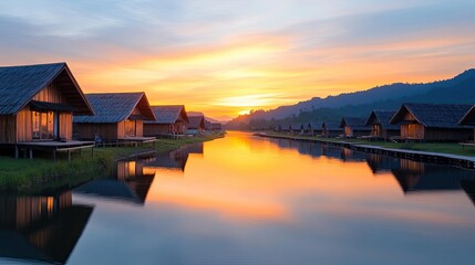 Fototapeta premium Serene sunset over peaceful river reflecting charming cottages, creating a tranquil and picturesque landscape.