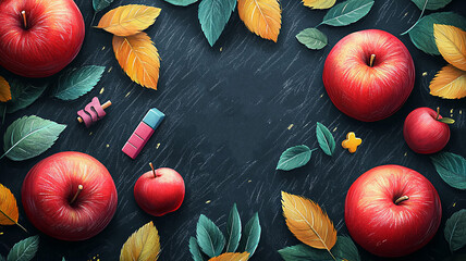 Chalkboard texture background with soft, colorful illustrations of notebooks, erasers, and apples, with uplifting words for Teacher Appreciation Day, flat vector design.