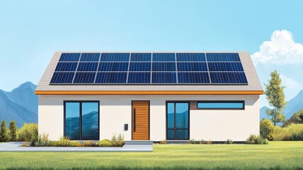 Fototapeta premium Modern house with solar panels surrounded by lush greenery, showcasing sustainable living and eco-friendly design.