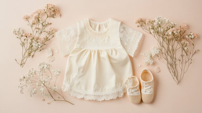 Flat lay of a baby christening set, including a delicate gown, bib, and booties, on a soft pastel-colored background.