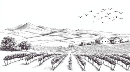 Fototapeta premium Hand Drawn Vineyard Landscape with Mountains and Birds