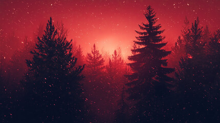 Obraz premium Żywe, czerwone tło, które doskonale kontrastuje z zimowym lasem pokrytym śniegiem i pełnym choinek. Taki kolorystyka tworzy intensywną, świąteczną atmosferę, idealną do ozdabiania kart świątecznych.