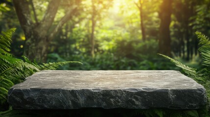 Stone Platform In Lush Tropical Forest With Sunlight