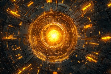 Fototapeta premium A top-down view of an advanced energy core, glowing with golden light and surrounded by intricate circuitry