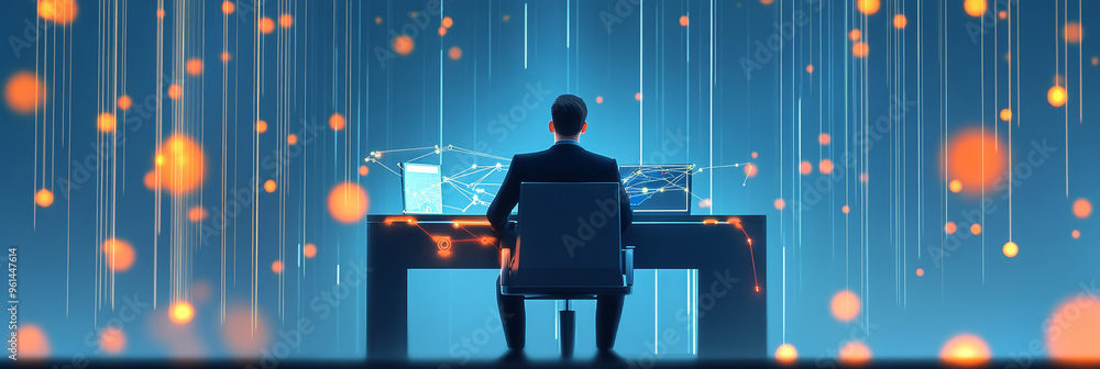 Poster a 3d cartoon business analyst is seated at a desk with a laptop in front of them, surrounded by fall