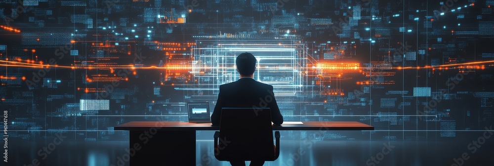 Poster a 3d cartoon business analyst wearing a suit is sitting in front of a computer, analyzing data. the 