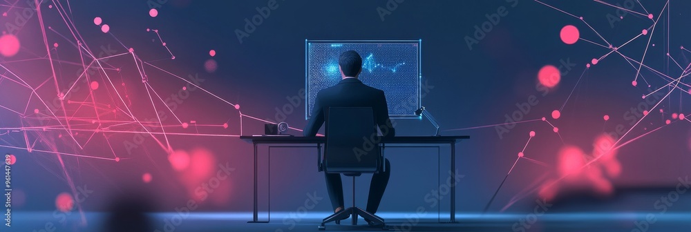 Aufkleber a 3d cartoon business analyst wearing a suit is working on a computer, analyzing data represented by