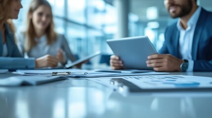 Corporate team discusses business strategies using tablets and reviewing documents with charts in a modern office setting during a collaborative meeting.