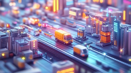 A pastel brightly colored illustration of a busy AIpowered logistics hub with smart vehicles and robotic systems