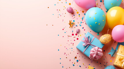 Wizualizacja urodzinowa dla dziecka, na której kolorowe balony i piękne prezenty tworzą przyjazny i radosny wygląd. 