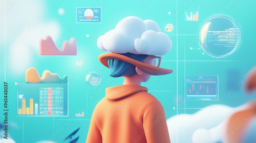 Poster a 3d cartoon data analyst wearing a cloud shaped hat, surrounded by data visualizations and charts, 