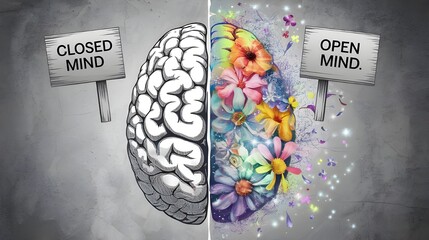 illustration of a brain split in two halves. closed mind and open mind. The contrast between the two halves highlights the impact of embracing new ideas and perspectives.