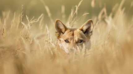 Obraz premium A tight shot of a dog's expressive face amidst a sea of towering grass blades The backdrop is filled with tall, swaying grasses