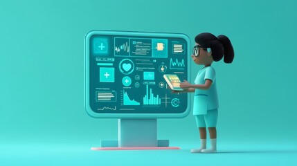 A 3D cartoon nurse is reviewing data on a computer screen, highlighting the use of technology in healthcare. The screen displays charts and graphs representing patient information,  depicting digital 